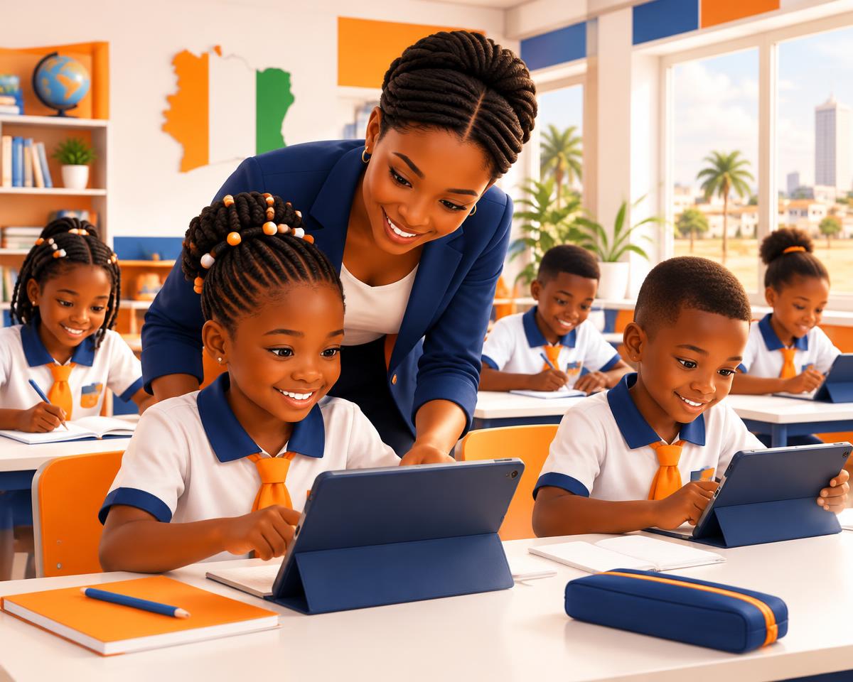 Illustration : des élèves en classe utilisent des tablettes avec leur enseignante